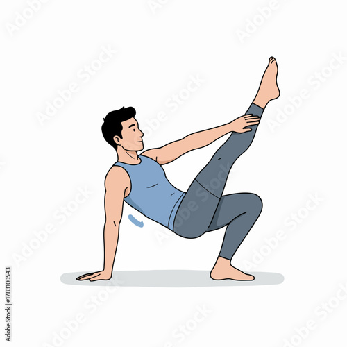 Illustrated diagram of a man performing a single-leg elevated reverse plank variation for core and flexibility training.