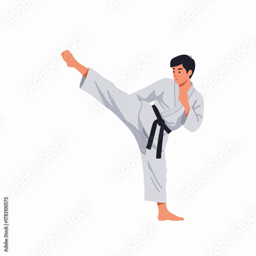 Young man with black belt performing a powerful martial arts high kick, isolated vector illustration of karate training.