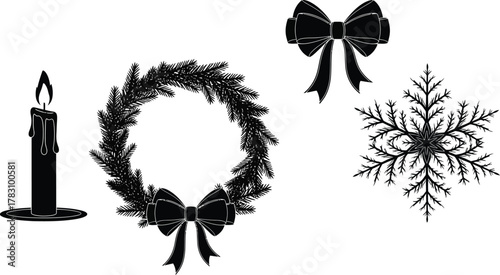 Celebrate holidays with festive black silhouette icons candle wreath bow snowflake