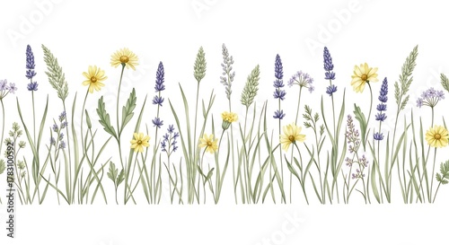 Fototapeta Naklejka Na Ścianę i Meble -  Watercolor seamless border with hand-drawn spring and summer wildflowers, lavender, chamomile, and grass elements on white background illustration