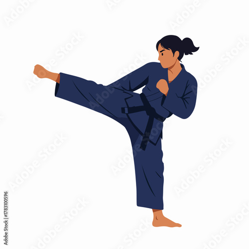 Confident female martial artist practicing a high kick in a dark blue gi with a black belt, isolated vector illustration.