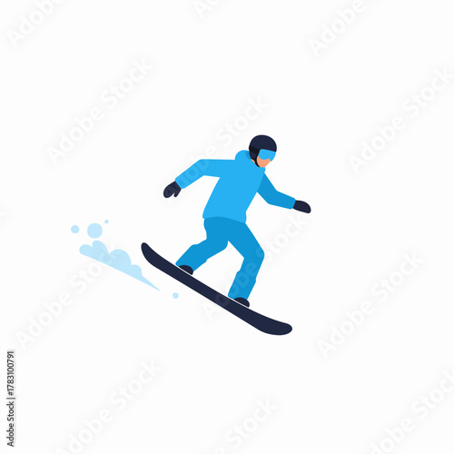 Dynamic vector illustration of a snowboarder in blue winter clothes speeding down a snowy slope, isolated on white.