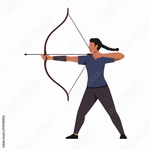 Flat vector illustration of a determined woman practicing archery, aiming the arrow with precision against a white background.