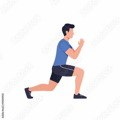 Young man performing a forward lunge exercise, working out legs and core, isolated flat vector illustration for fitness and health concepts.