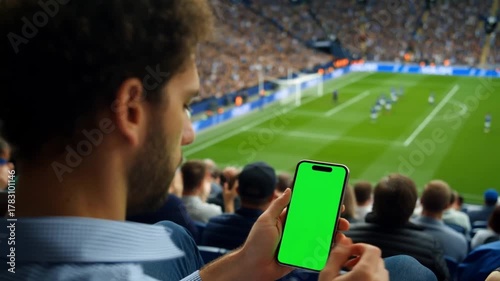 A person holding a phone with a green screen while watching a soccer game in a stadium Stock Video