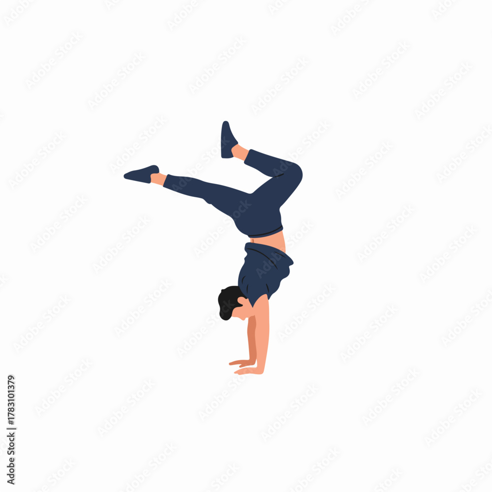 Fototapeta premium Flat vector illustration of a young man performing a dynamic handstand or acrobatic pose, representing fitness, balance, and athletic movement.