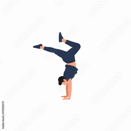 Flat vector illustration of a young man performing a dynamic handstand or acrobatic pose, representing fitness, balance, and athletic movement.