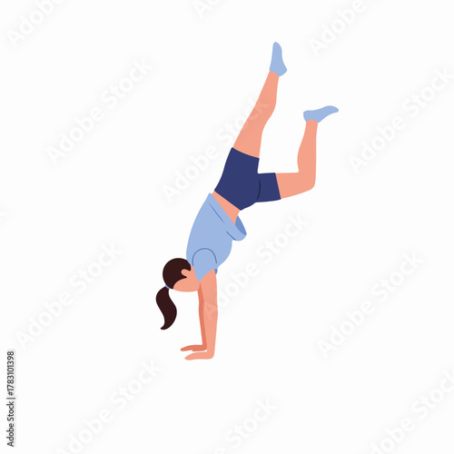 Flat illustration of a young woman doing a handstand, demonstrating balance, flexibility, and strength in fitness or gymnastics training.