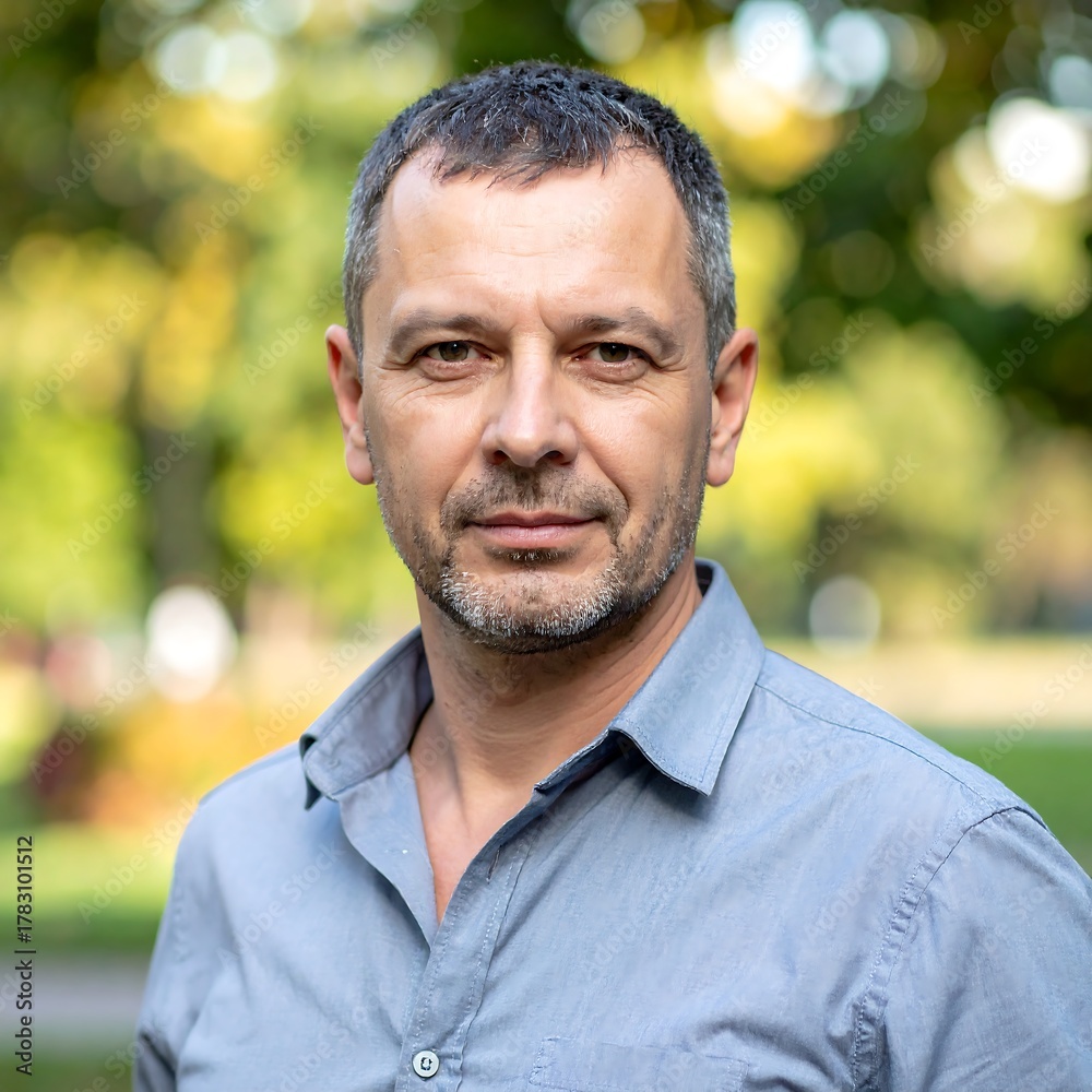 Fototapeta premium Portrait of a confident middle-aged man in a park setting.