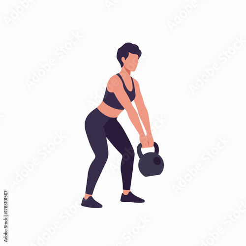 Female athlete using a kettlebell for strength training workout, depicted in a modern flat vector illustration style against a white background.