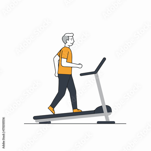 Flat outline illustration depicting a mature man exercising cardio on a gym treadmill, symbolizing health, wellness, and an active lifestyle.