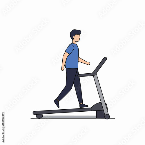 Young man walking or running on a treadmill machine, performing cardio exercise, in flat design vector illustration.