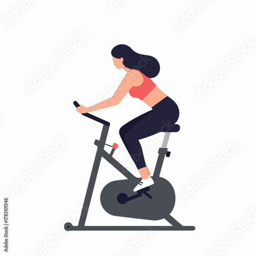Flat vector illustration of a young woman doing cardio workout on an indoor stationary spin bike against a white background.