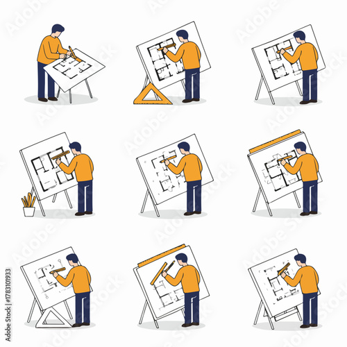 Set of illustrations featuring an architect or engineer drawing and planning a floor blueprint on a drafting table, representing design and construction work.