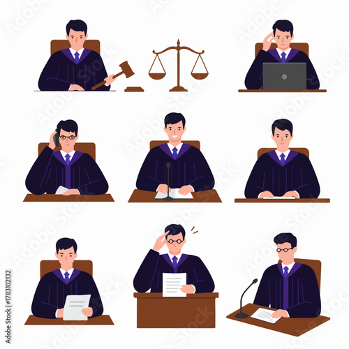 Judge character vector set showing various legal actions: gavel, presiding, talking, and working with documents and technology, symbolizing justice.
