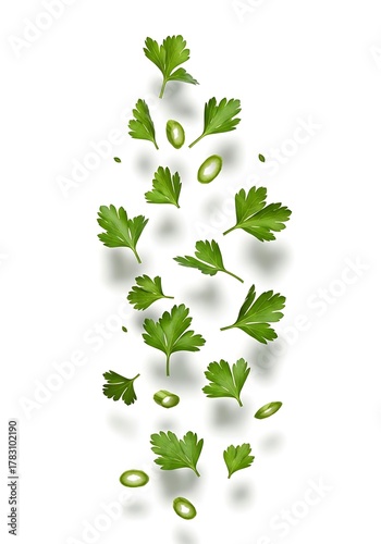 Parsley Leaves and Green Onion Slices Floating on White Background Fresh Herbal Cooking Concept  
