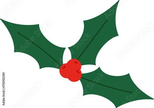 Simple Christmas holly icon with red berries. A festive flat vector illustration of a traditional winter plant, isolated for holiday greeting cards.