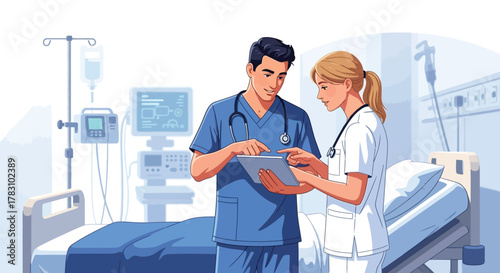 Illustration of two medical professionals reviewing a chart in a hospital room