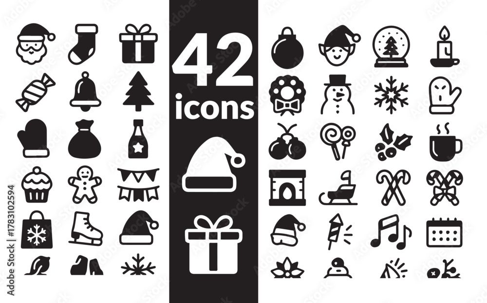 Fototapeta premium Christmas Glyph Icon Set: Holiday, Santa Claus, Winter and Celebration Symbols. Solid Vector Pack