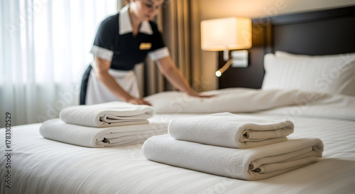 Professional hotel maid preparing a luxurious room, with fresh white towels neatly arranged on the bed, emphasizing exceptional service and cleanliness.