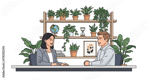 Illustration of two people in a meeting with plants on shelves