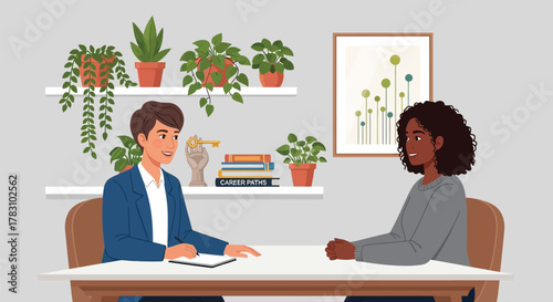 Illustration of two people having a meeting in a room with plants