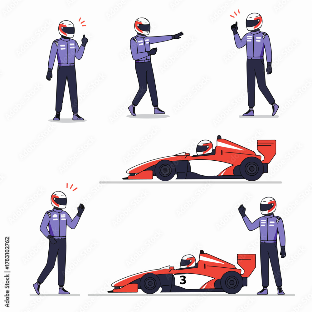 Obraz premium Vector illustration of formula race car drivers and open-wheel vehicles, showcasing various poses and action gestures for motorsport design elements.