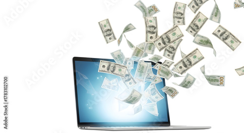 Hundred Dollar Bills Flying Out of a Laptop Screen on Black Background Keywords: money, cash, hundred dollar bills, flying money, laptop, computer isolated on a transparent background