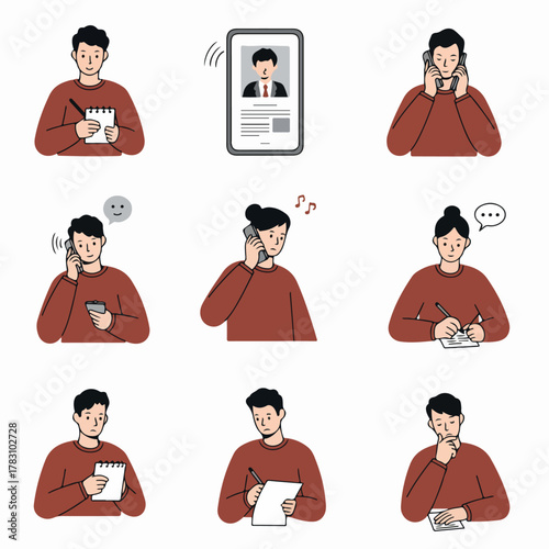 Vector set of people communicating, talking on the phone, taking notes, and multitasking in a professional setting.
