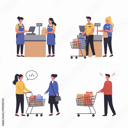 Collection of flat design illustrations depicting various retail scenarios including cashiers, customer service, discounts, and shopping experiences.