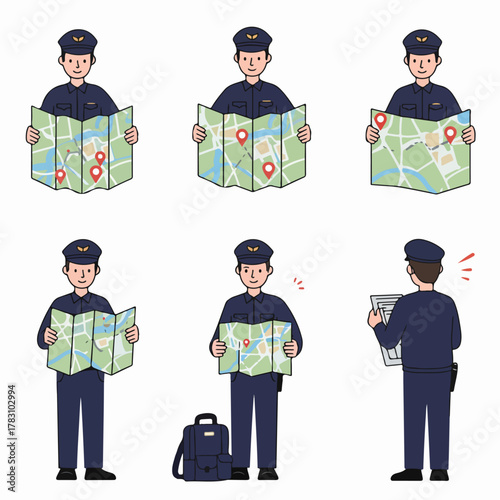 Set of vector illustrations depicting a friendly police officer or public safety official consulting a paper map for guidance, navigation, or assistance.