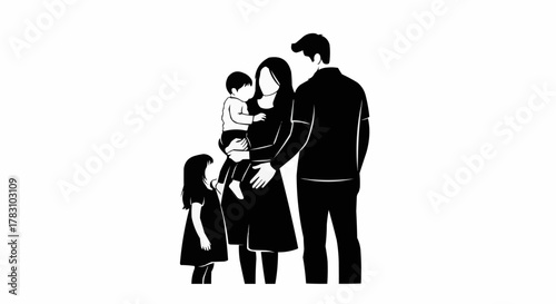 Silhouette of a happy family with two children and a baby.