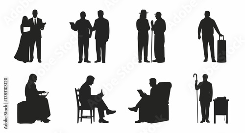 A diverse collection of black vector people silhouettes.