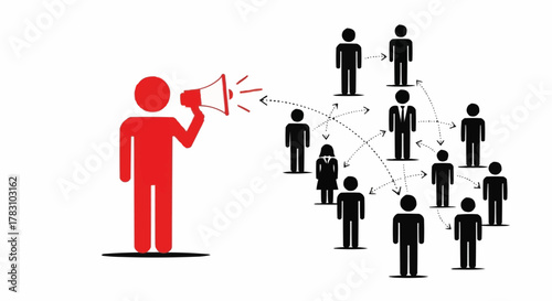 Red Figure with Megaphone Communicating to Group of People.