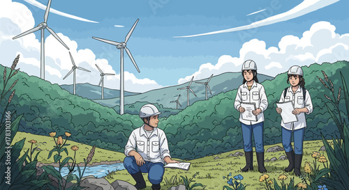 Illustration of engineers in hard hats inspect a wind farm with turbines in the background