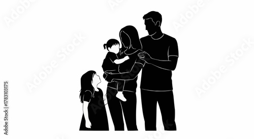 Silhouette of a happy family with two children standing together.