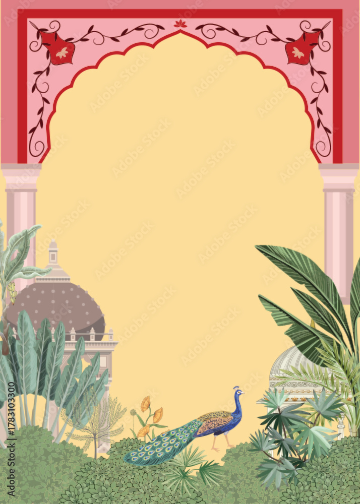 Naklejka premium An ornate indian archway frames a serene courtyard with lush greenery, a majestic peacock, and architectural domes, evoking a sense of royal splendor and tranquility