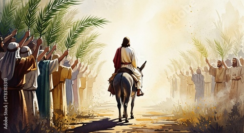 Jesus Triumphal Entry into Jerusalem Palm Sunday Biblical Illustration Christian Art Holy Week