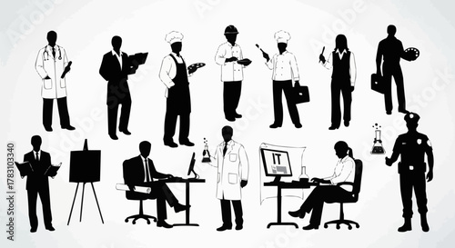 Diverse Group of Professional Silhouettes Representing Various Occupations and Careers.