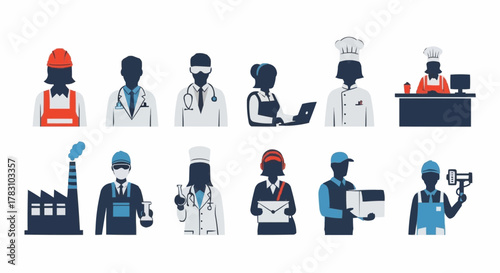 Diverse professions and occupations icon set on white background.
