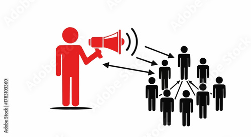 Leader with Megaphone Communicating to Group of People in Hierarchy.