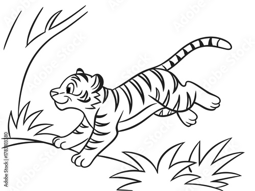 Striped Tiger Cub Jumps - Jungle Animal Coloring