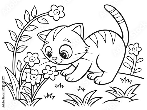 Kitten & Flowers Coloring Page: Garden Animal Outline