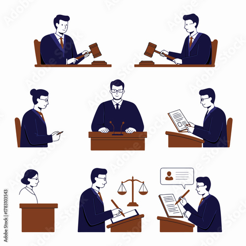 Flat illustration set of legal professionals, including judges with gavels and lawyers reviewing documents, representing justice and court proceedings.