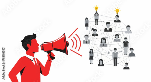 Man with Megaphone Communicating to a Network of People.