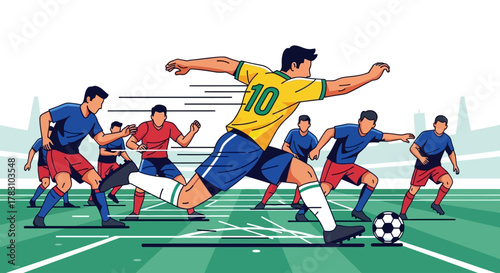 Dynamic Soccer Action Illustration of Players Kicking the Ball on a Green Field