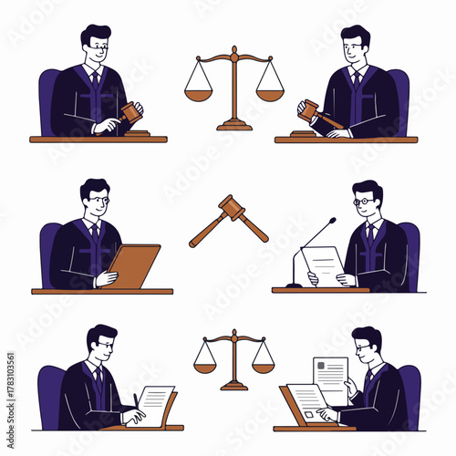 Judge and court proceedings illustration set with legal symbols, including gavels and scales of justice, depicting law, justice, and authority.