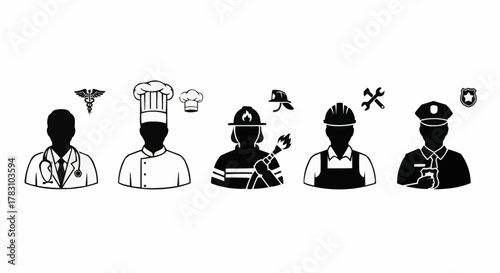 Illustrations of Various Professions - Doctor, Chef, Firefighter, Construction Worker, Police Officer.