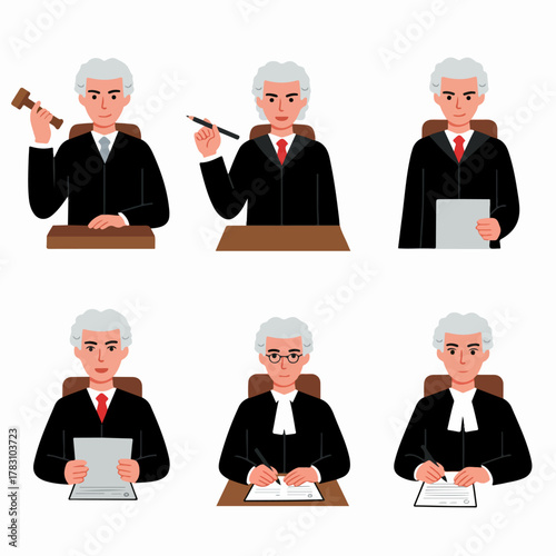 Cartoon illustrations of a judge in a wig and black robe, performing legal actions such as gaveling, reading papers, and writing documents.