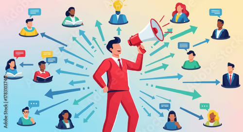 Man with megaphone sharing information to diverse group of people.